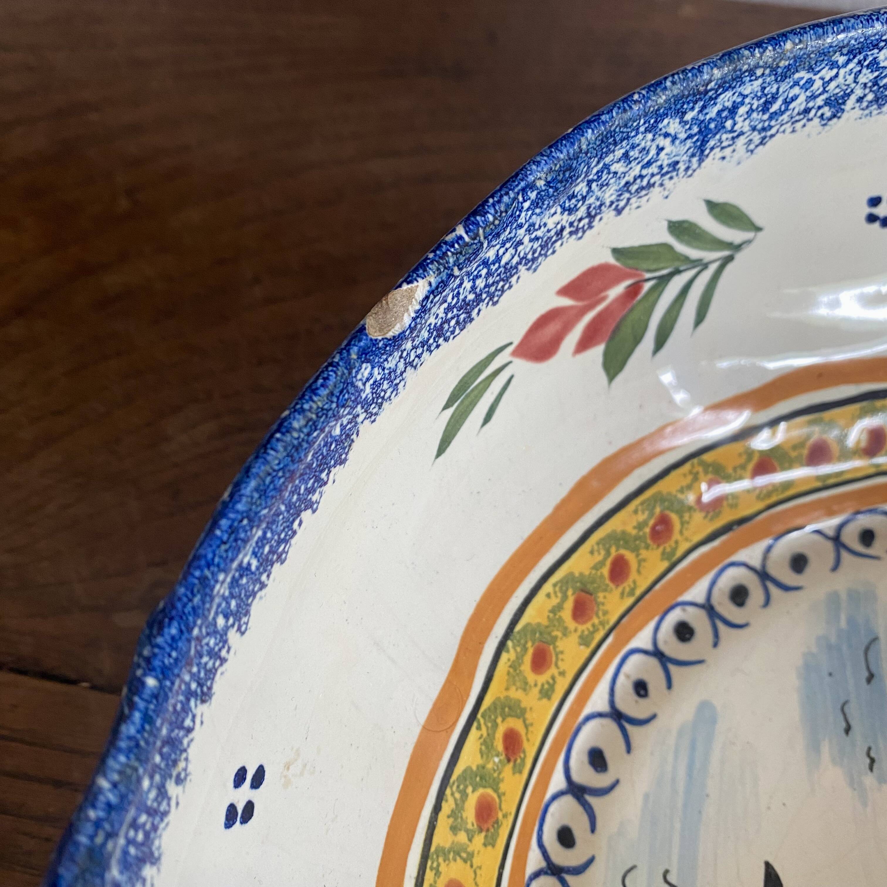 Fruit bowl, bird head handle HB Quimper Breton earthenware