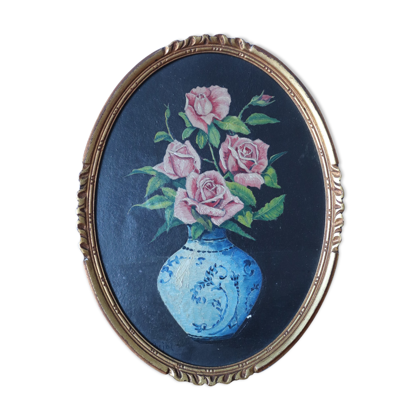 Oil on oval panel bouquet of roses