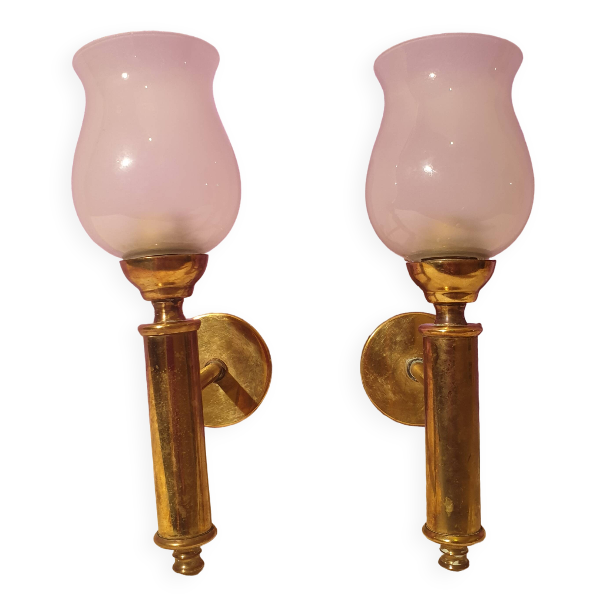 Pair of vintage design brass and opaline wall lights