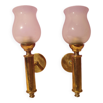Pair of vintage design brass and opaline wall lights