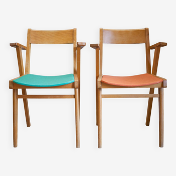 Paire de chaises bois et skaï des années 50, chaises vintage, chaise avec accoudoirs, rétro