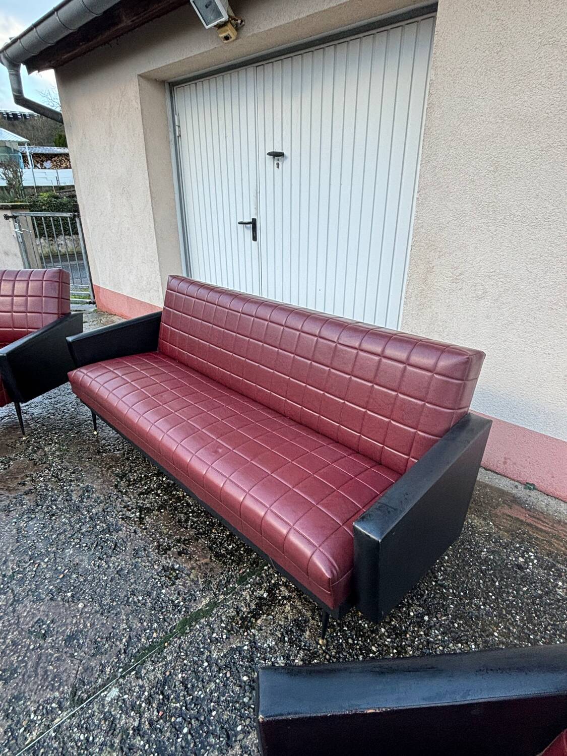 Vintage 70s red and black embossed sofa armchair set