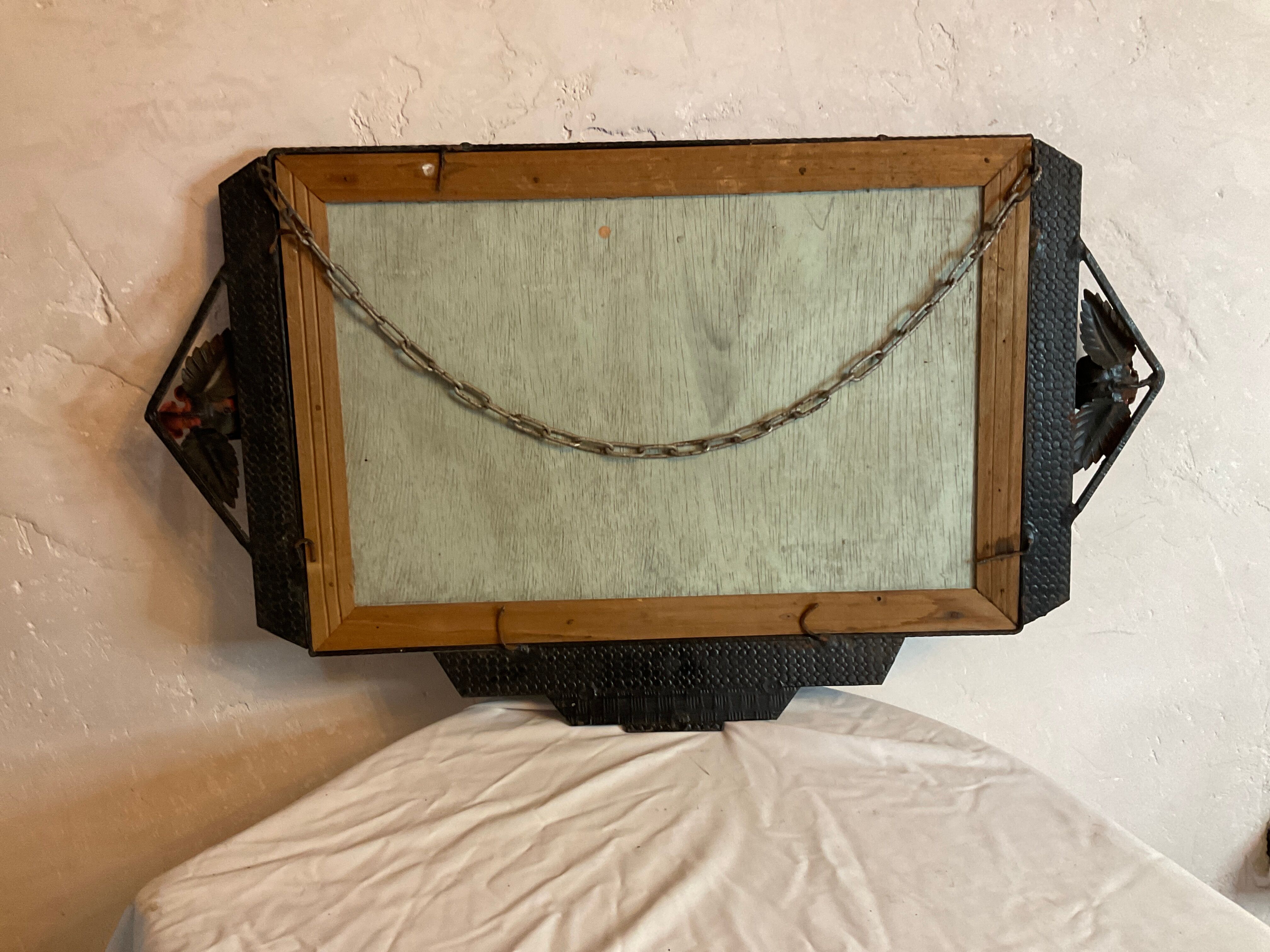 Art deco wrought iron wall mirror rose décor 64x38cm