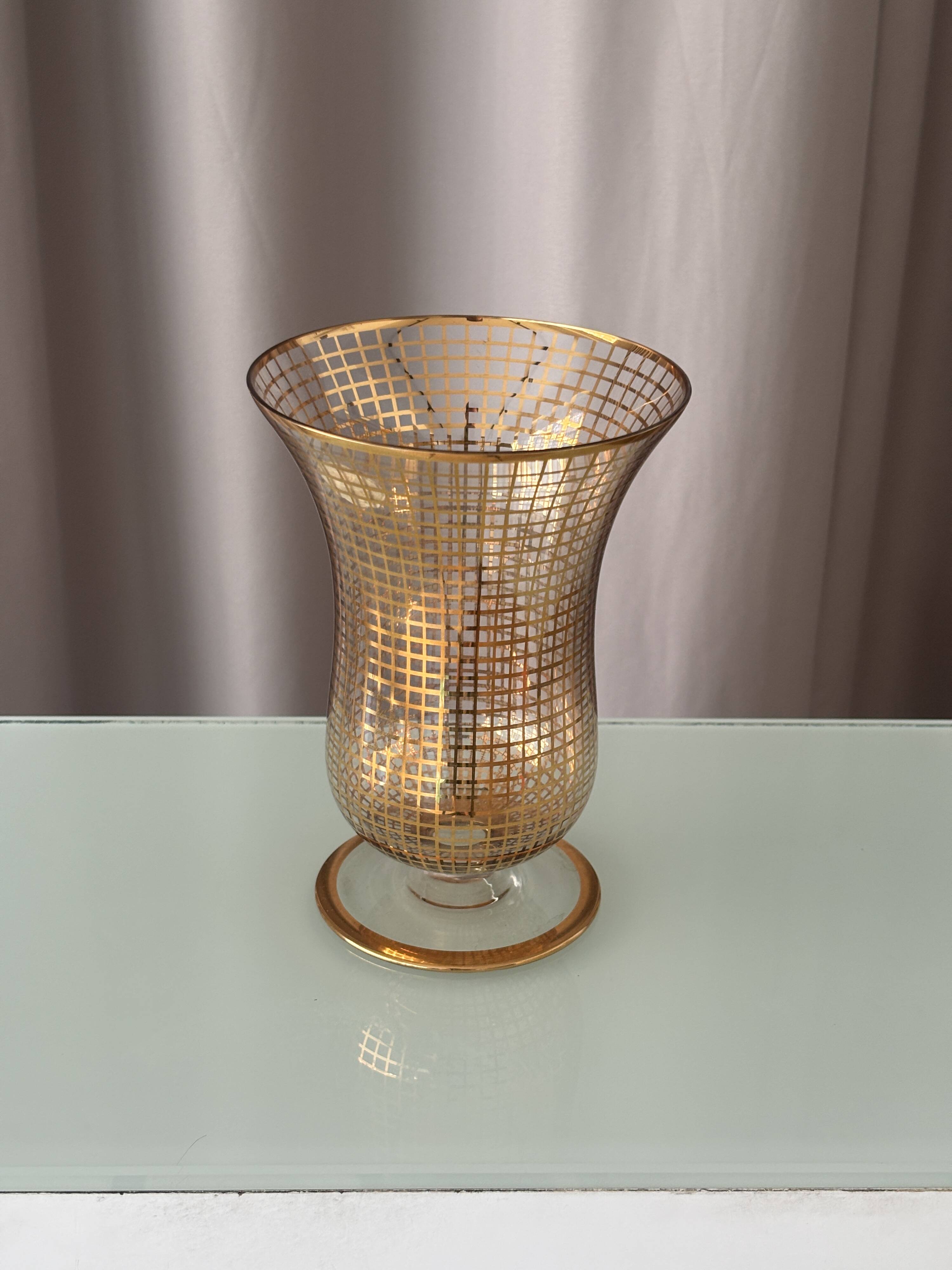 Art Deco Gilded Glass Vase with Geometric Gold Grid Decoration