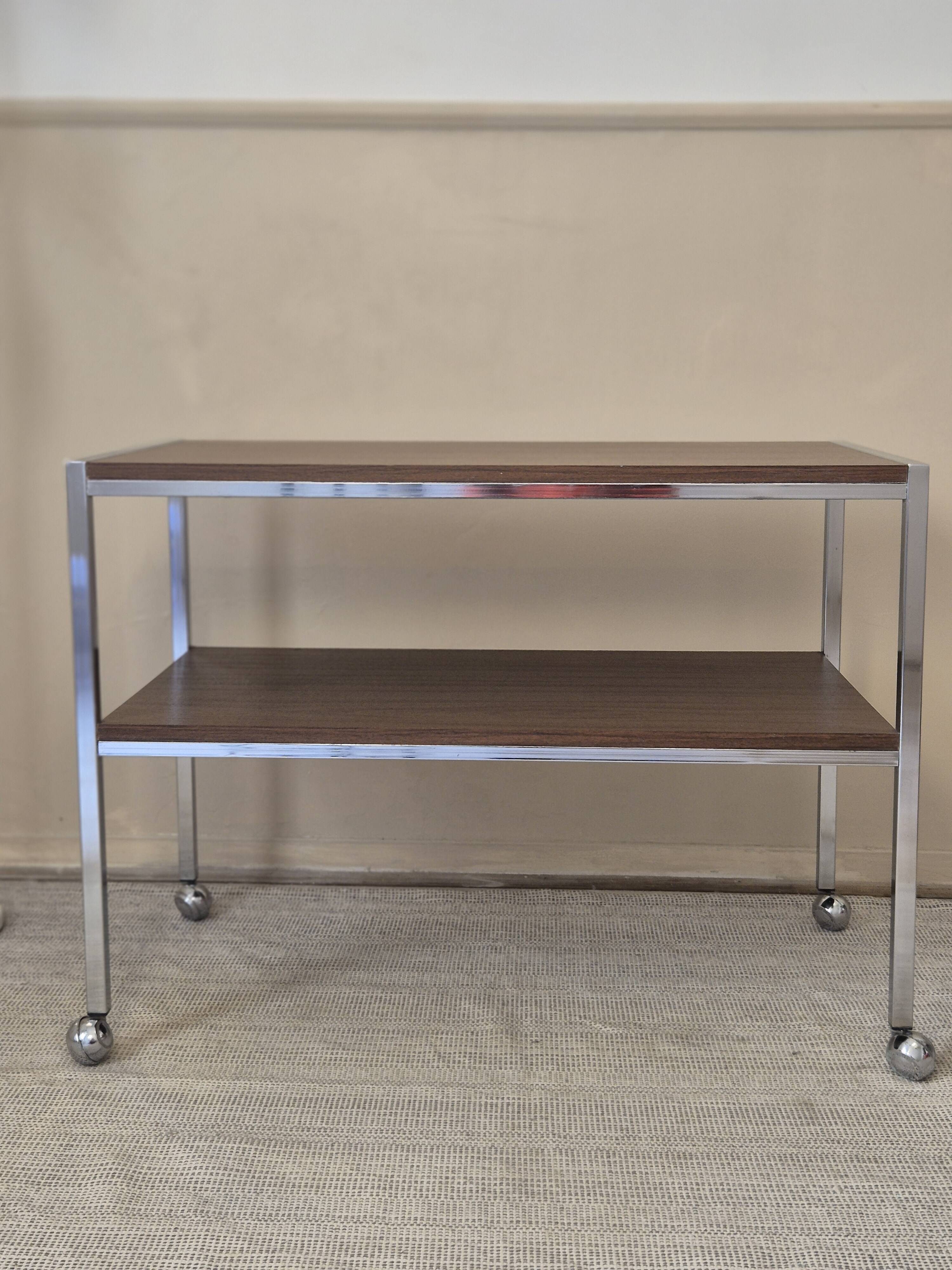 Vintage chrome metal and wood rolling dessert trolley from the 70s-80s.