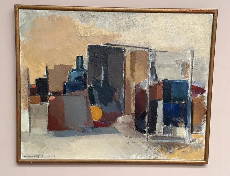 Large original Swedish oil on canvas - 'Blue Bottle and Books' by Gustav Adolf Johansson - 1962 - vintage and framed