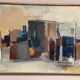 Large original Swedish oil on canvas - 'Blue Bottle and Books' by Gustav Adolf Johansson - 1962 - vintage and framed
