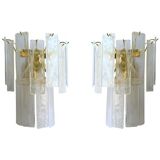 Set of Two Contemporary Venied-White "Alabastro" Listelli Murano Wall Sconces