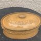 Old terrine in glazed stoneware and floral decoration mustard yellow slip