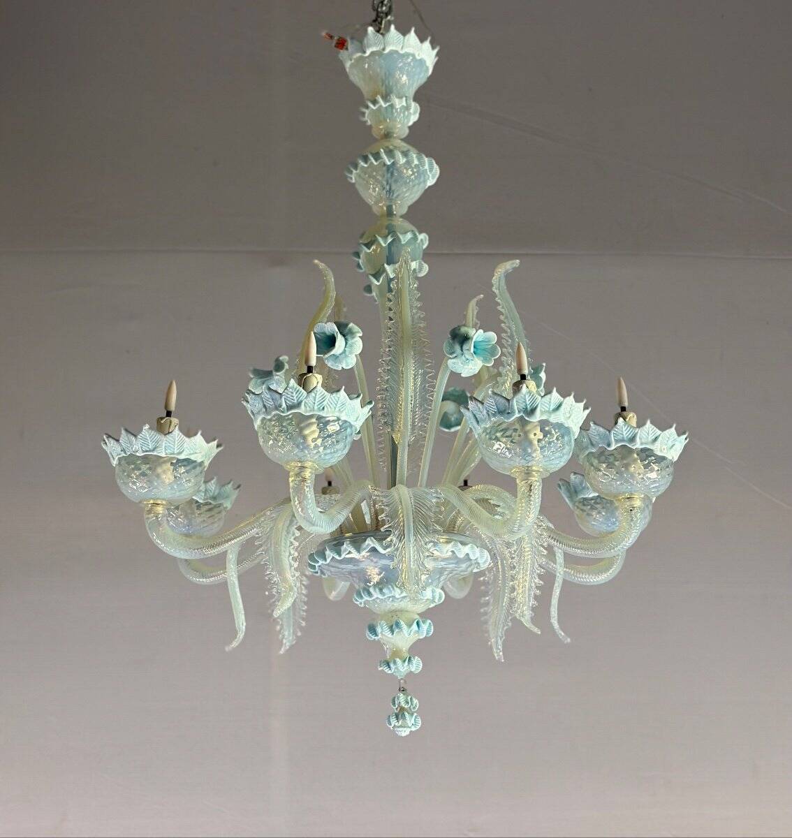 Venetian Chandelier In Murano Glass Two Tones Of Blue, Circa 1940, 8 Arms Of Light