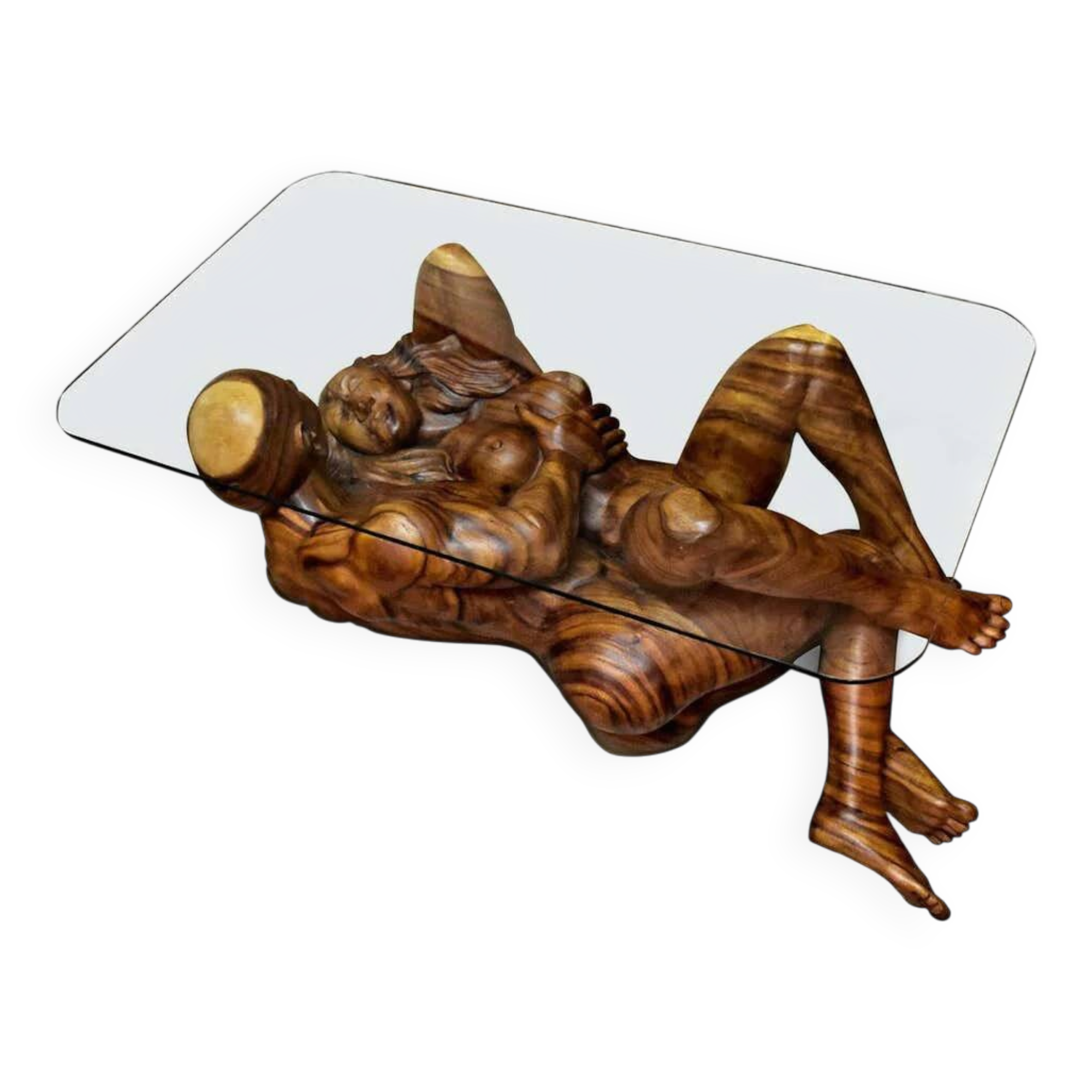 Table basse en bois exotique de monkey pod sculptée à la main représentant un couple enlacé.