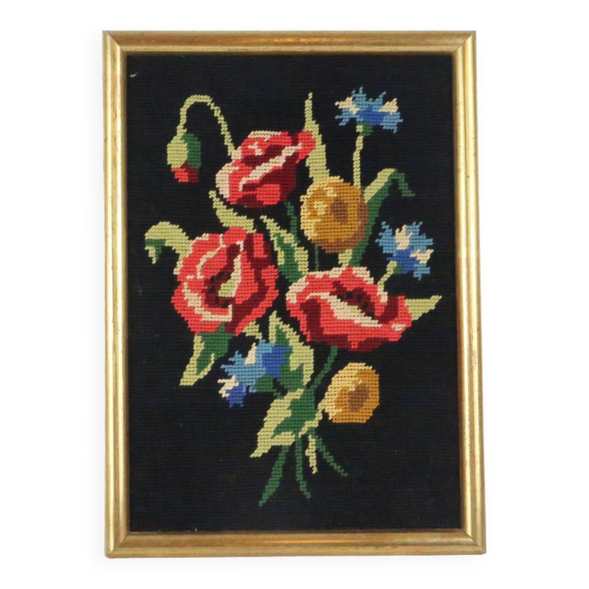 canvas bouquet of flowers in cross stitch, wall painting, vintage