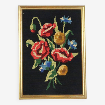 canvas bouquet of flowers in cross stitch, wall painting, vintage