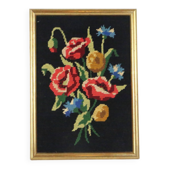 canvas bouquet of flowers in cross stitch, wall painting, vintage