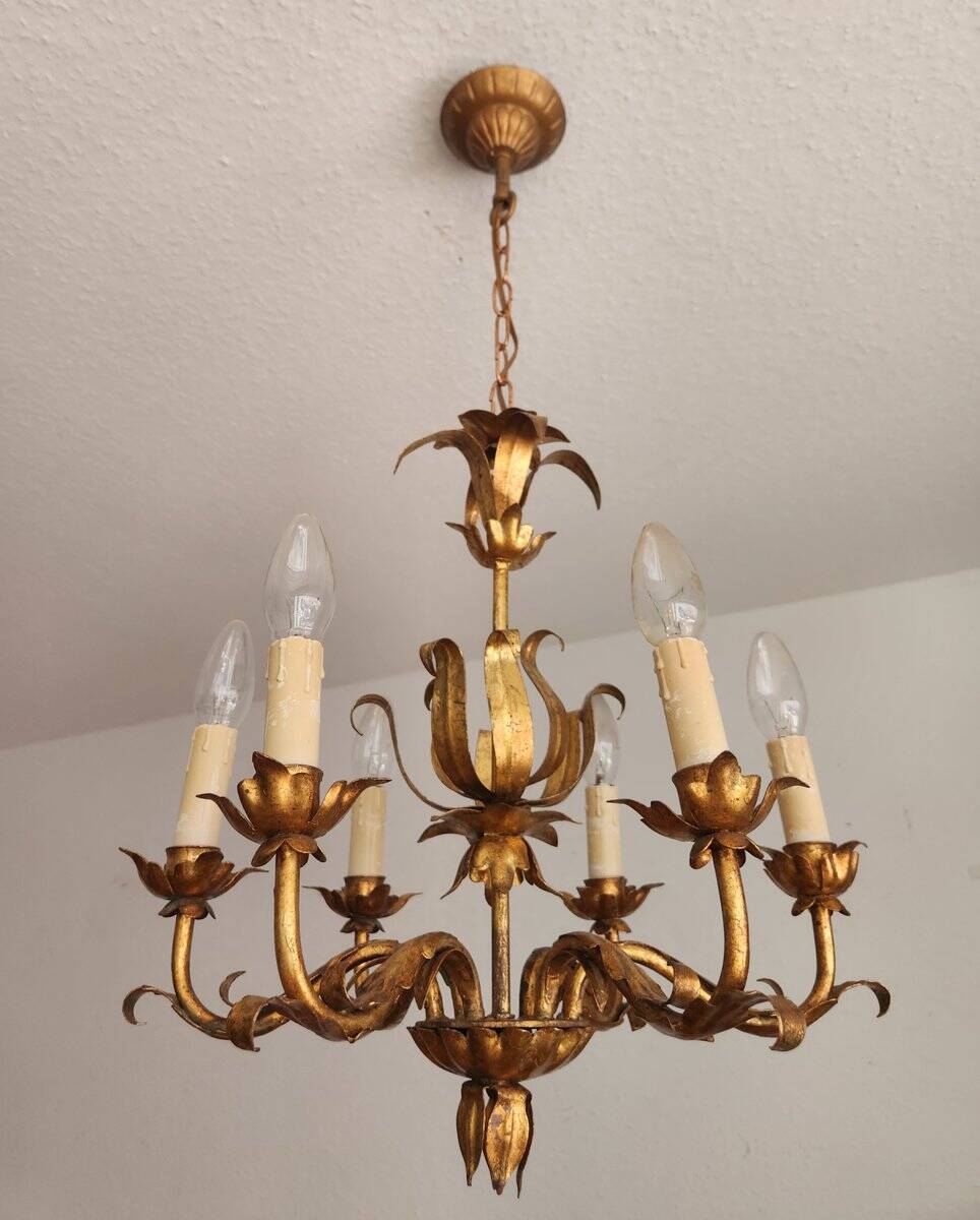 Vintage Hollywood Regency 6 light Chandelier gilded Italy Florence 1950-60