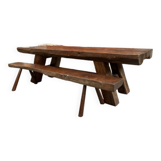 Table artisanale en chêne massif et ses deux bancs