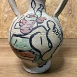 Hand-painted terracotta amphora, 60's design, signed "tm", vintage