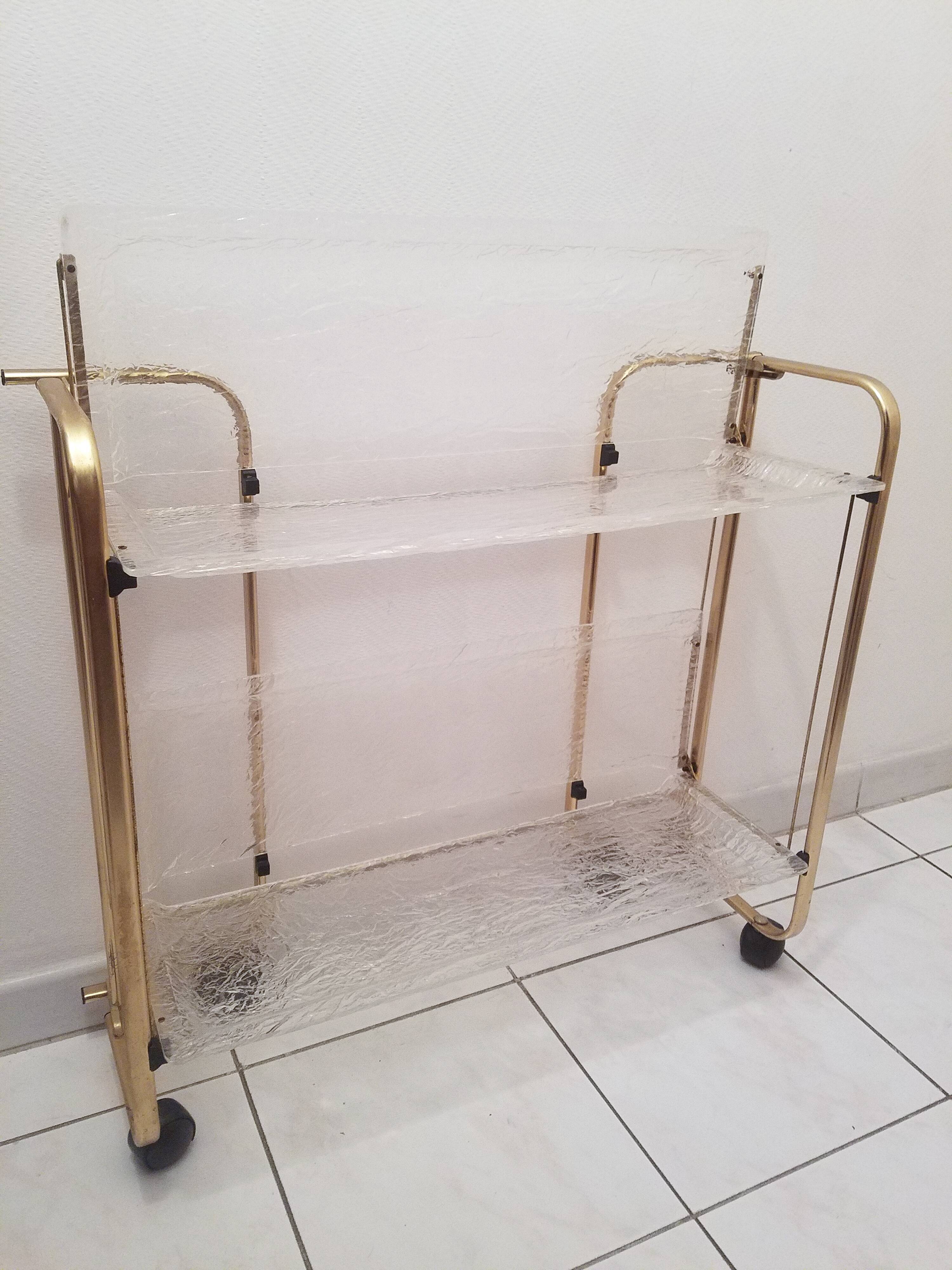 Gold-plated aluminum and structured lucite serving trolley circa 1970