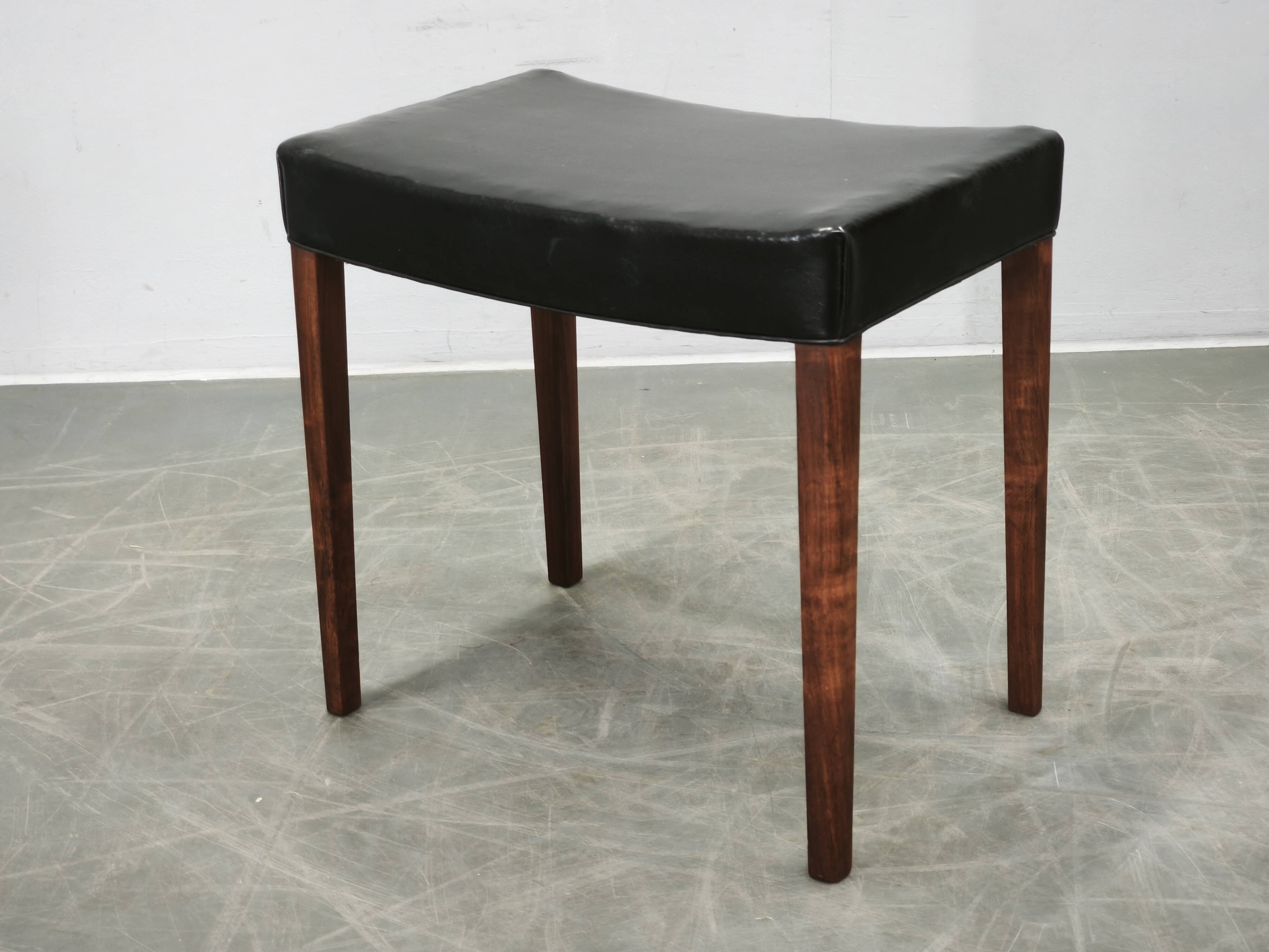 1960s Danish Modern Wood and Black Leather Stool