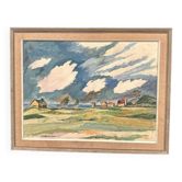 Huile suédoise sur toile – « Village de pêcheurs à Skär, Fårö » par Berndt Erkéus (1908–1978) – 1973 – Vintage et encadrée