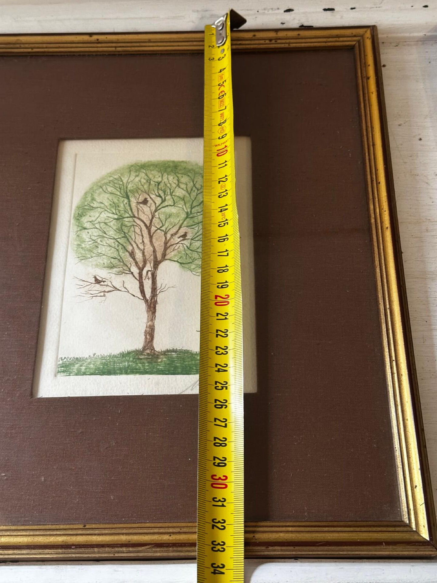 Original signed drawing – Tree with birds - frame 33/28 cm