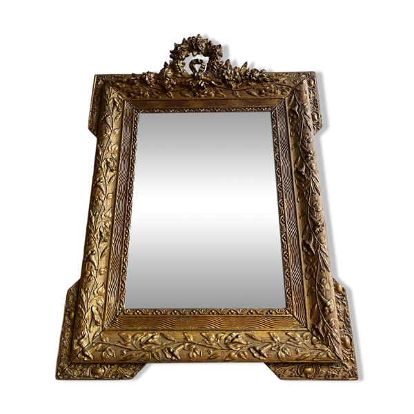 Miroir doré trumeau cheminée fin 19e ancien fronton sculpté