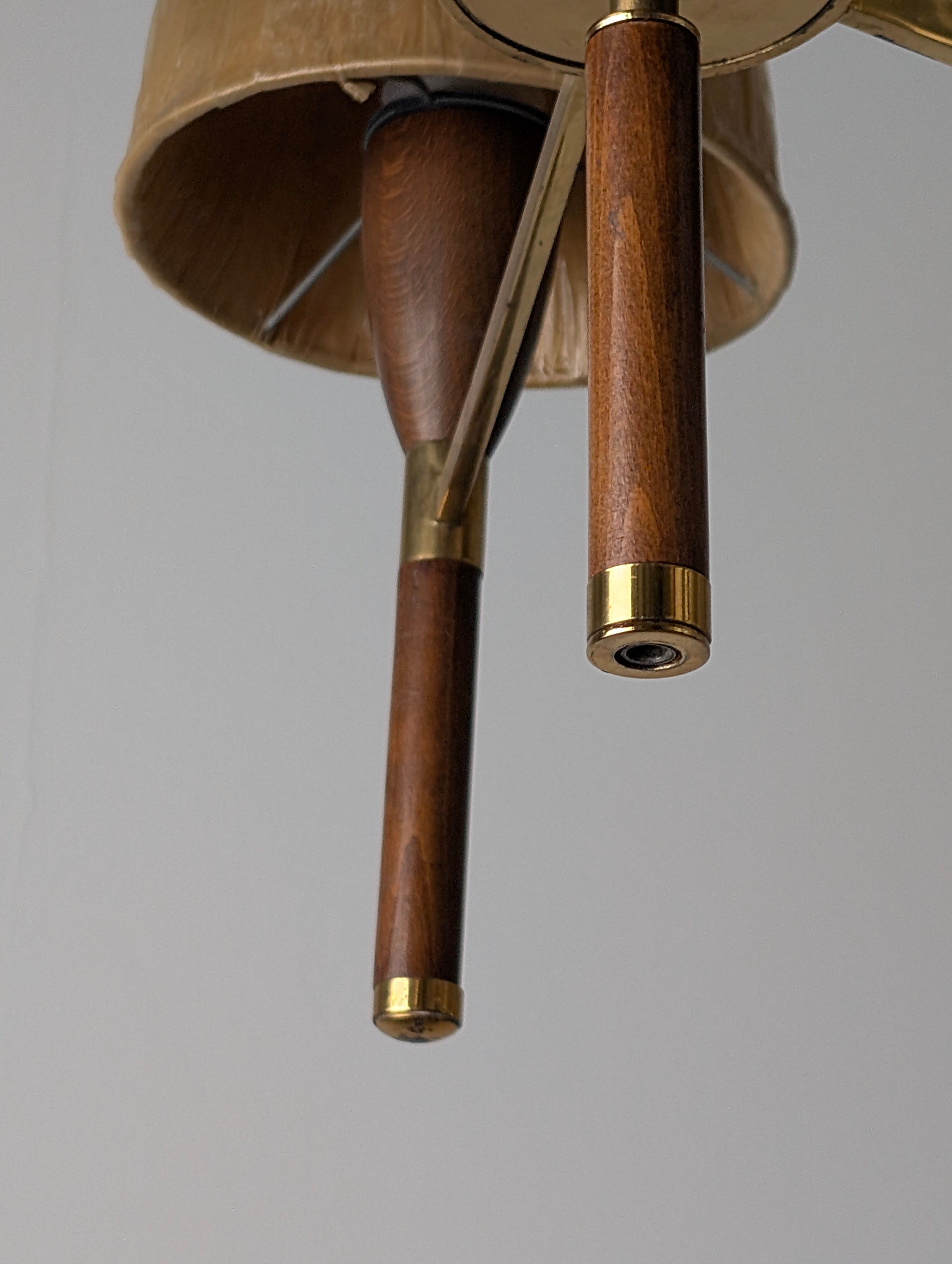 Danish five-arm lamp in wood and brass, 1950s