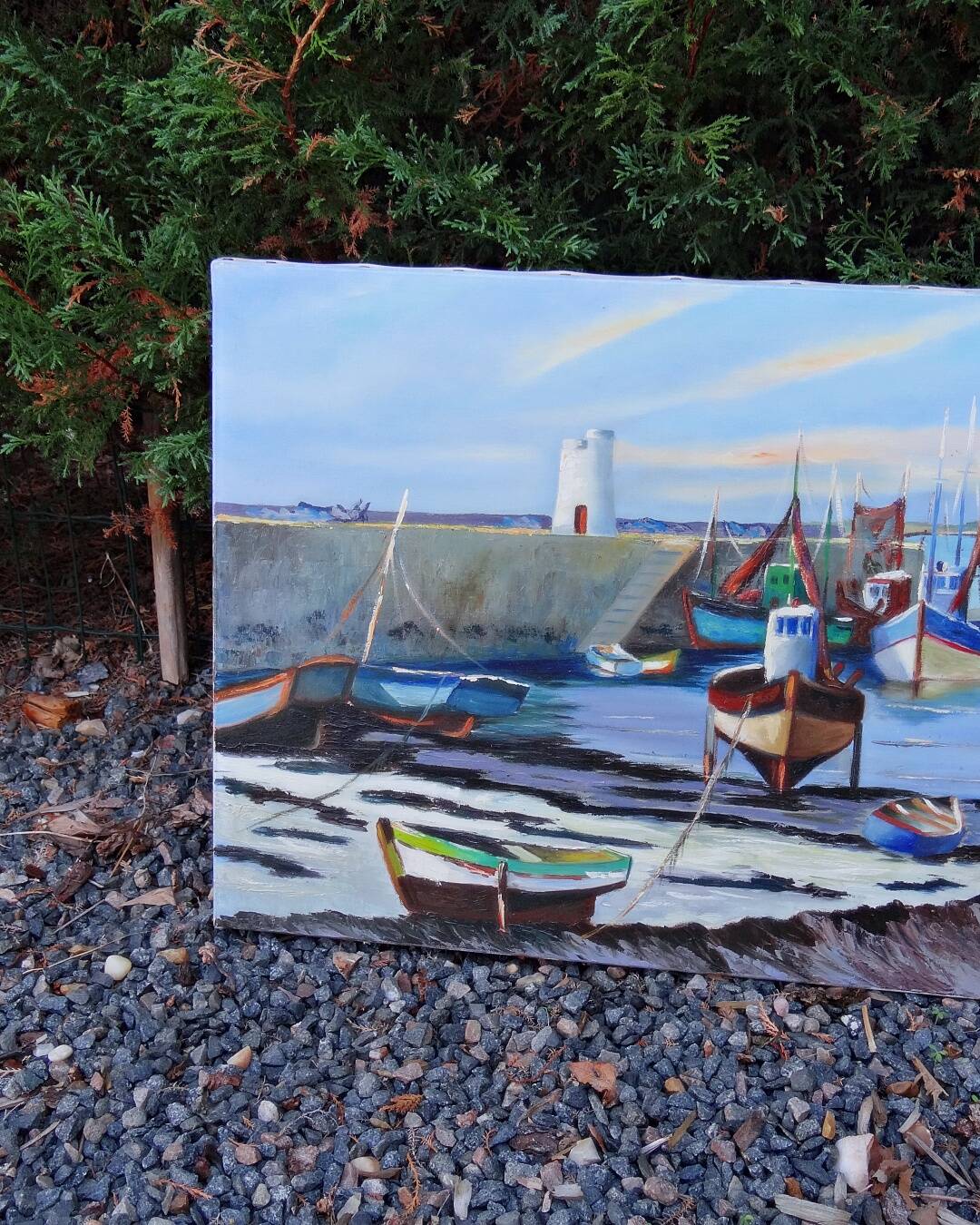 Huile sur toile scène portuaire de Saint Malo signé Jean Pierre Devilliers