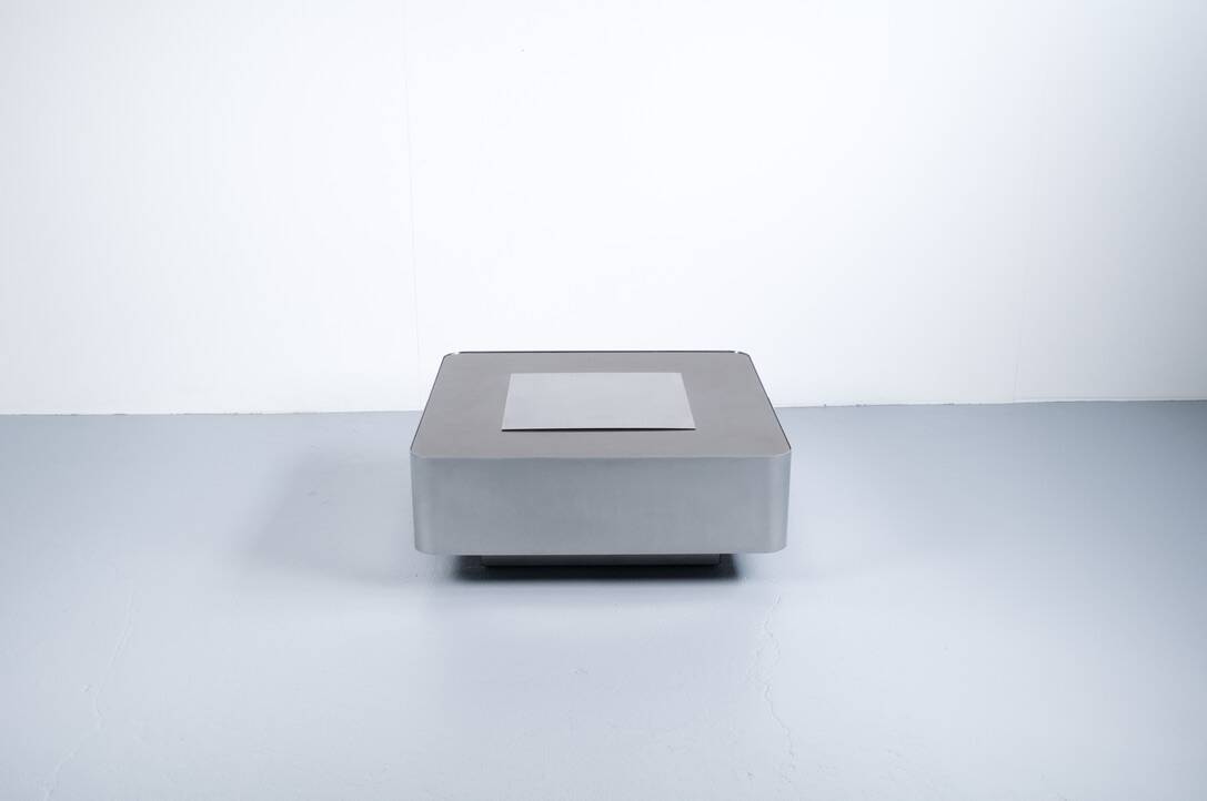 1970s COFFEE TABLE BAR BRUSHED STEEL AND BROWN MELAMINE