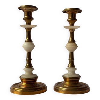 Vintage Brass and Alabaster Candlesticks