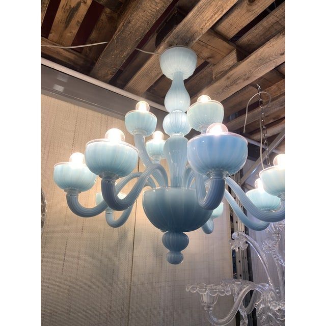 Contemporary matte light-blue murano style glass chandelier