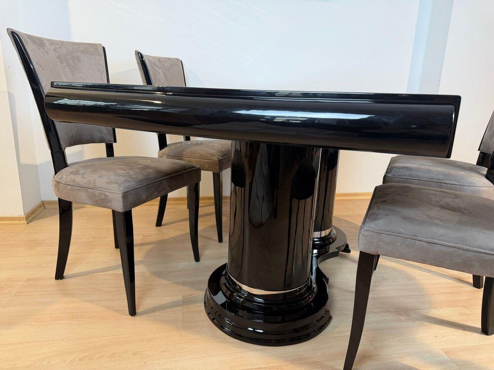 Art Deco dining table in black piano lacquer & metal, 1930