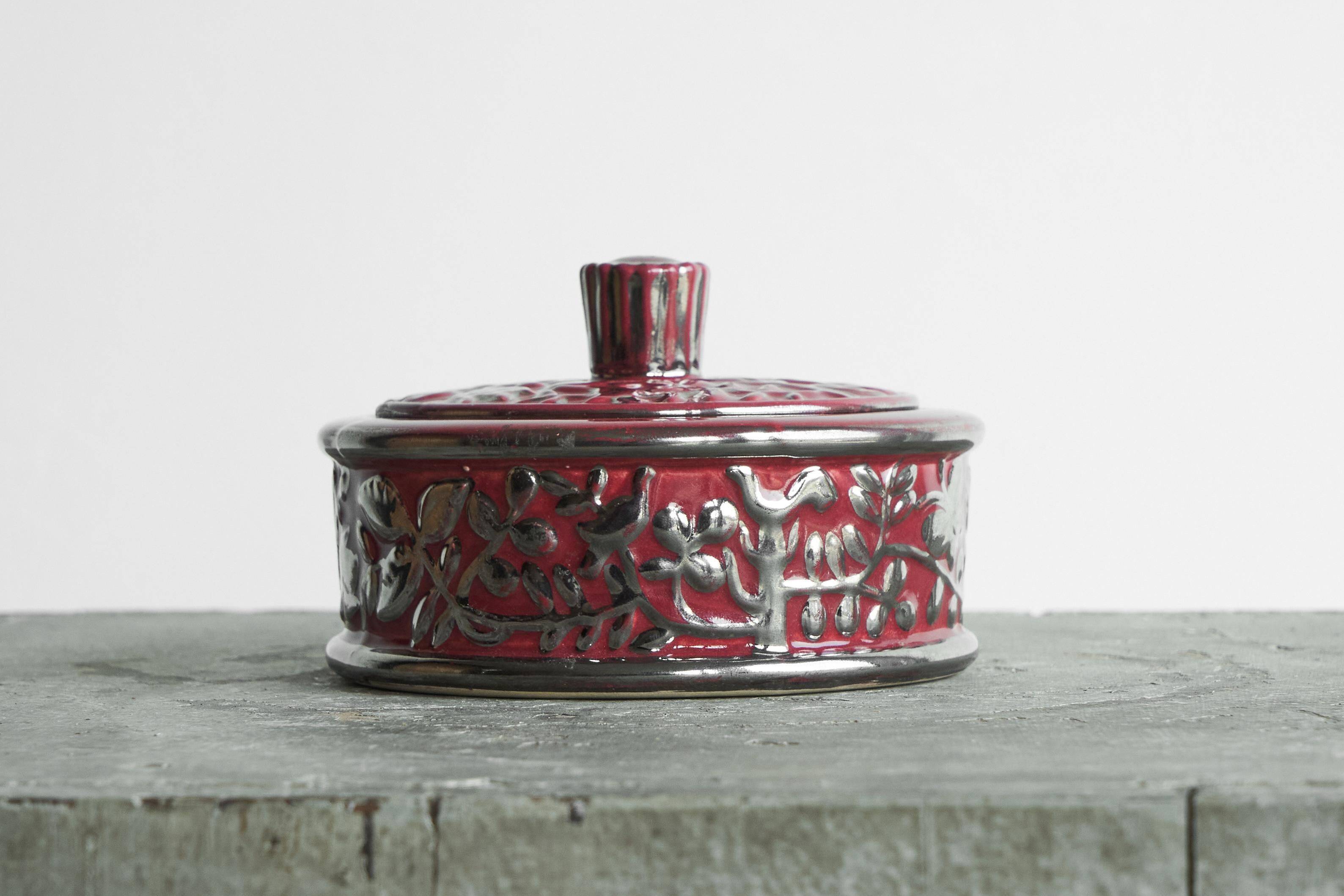 Boch Frères Keramis Rosa bowl with lid, flowers and butterflies in silver glaze.