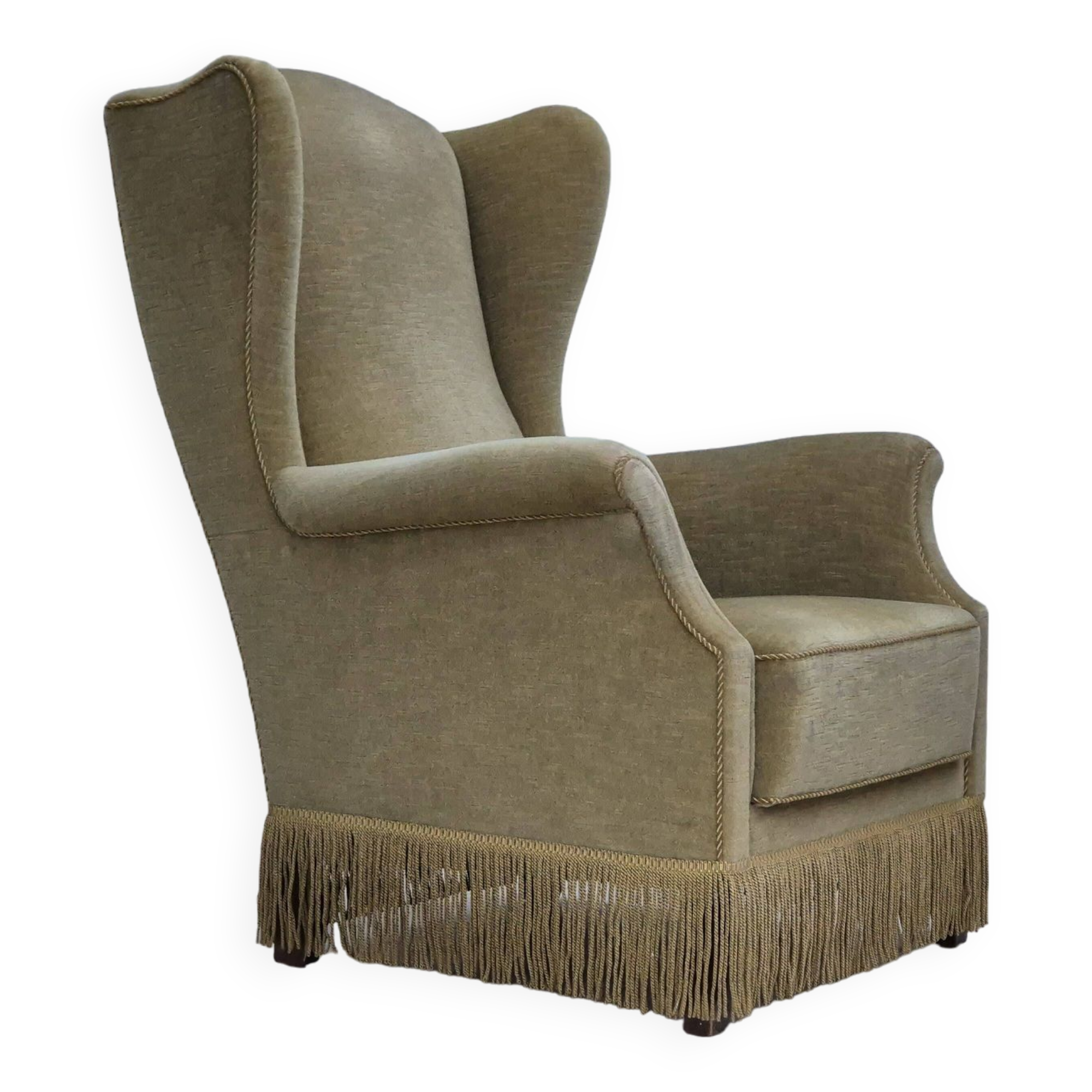 1970s, Danish design, wingback armchair, original condition, furniture velour, beech wood legs.
