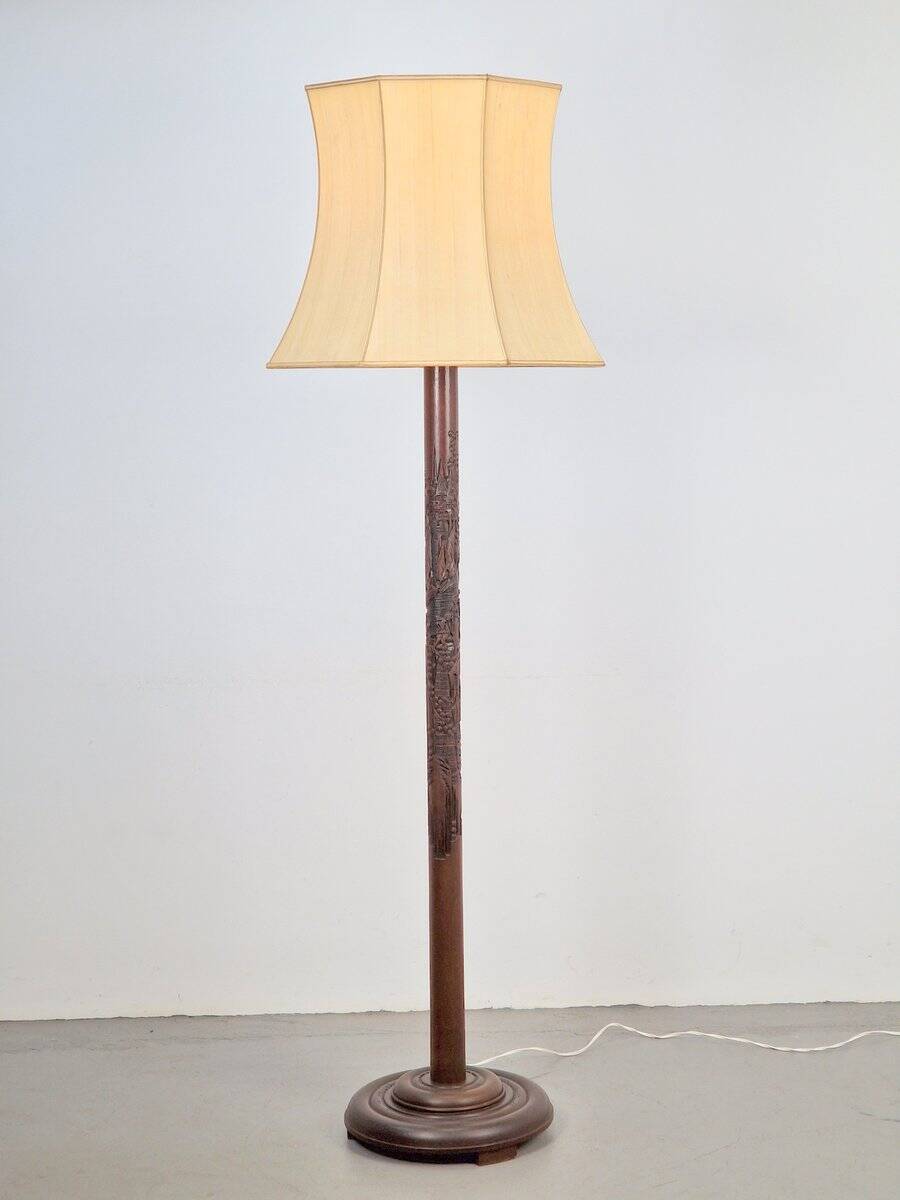Art Deco Asian Style Carved Wood Floor Lamp, 1930s