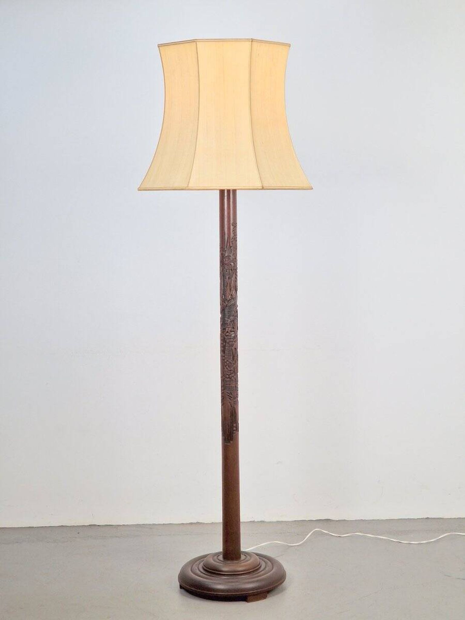 Art Deco Asian Style Carved Wood Floor Lamp, 1930s