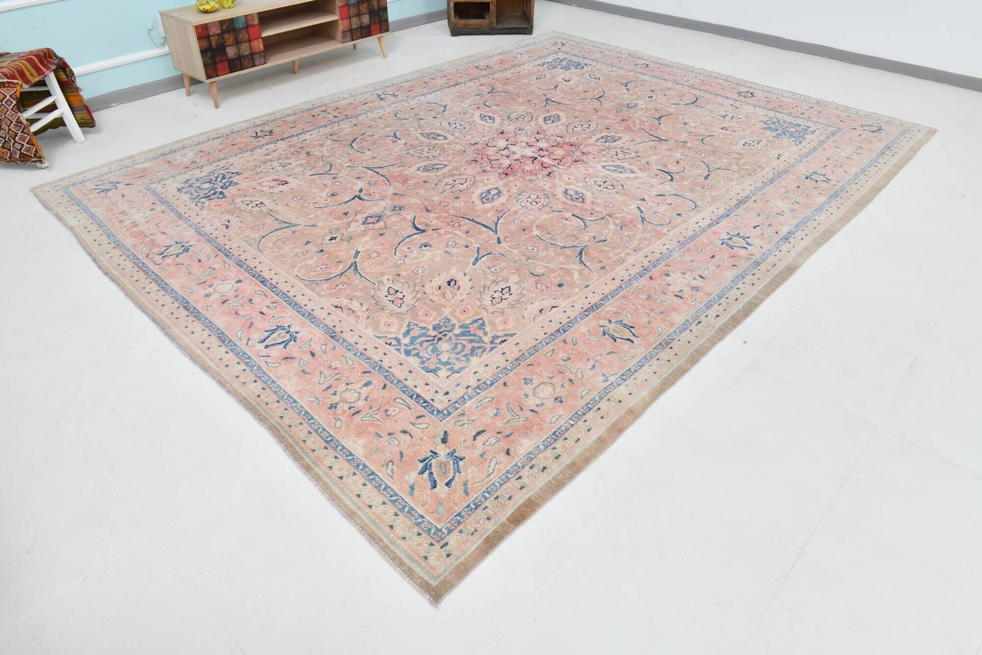 Tapis persan classique antique 57s rose blush bleu 10x13, 293x388 cm