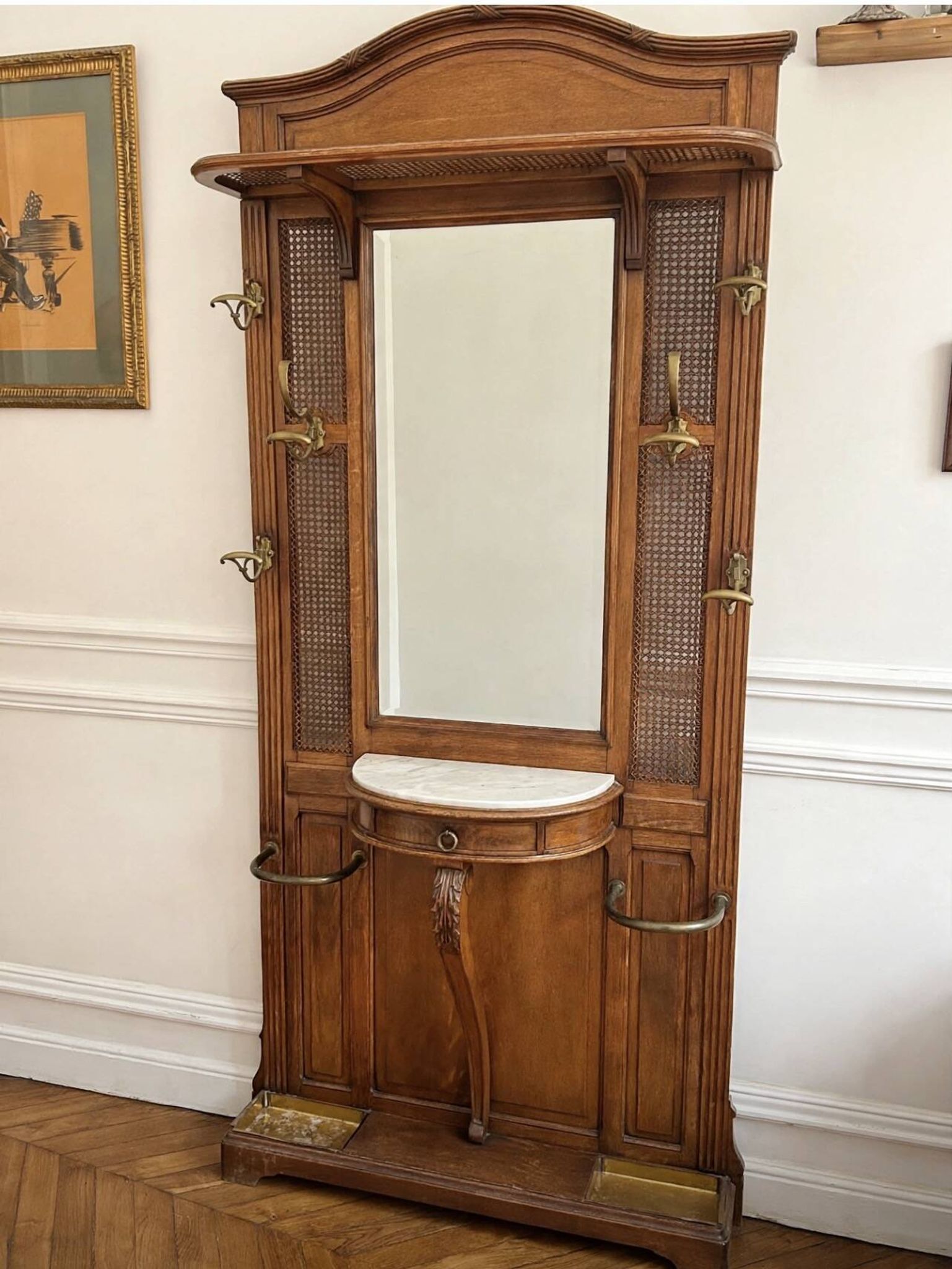 Antique coat rack Art Nouveau 1900 - Oak, marble, caning