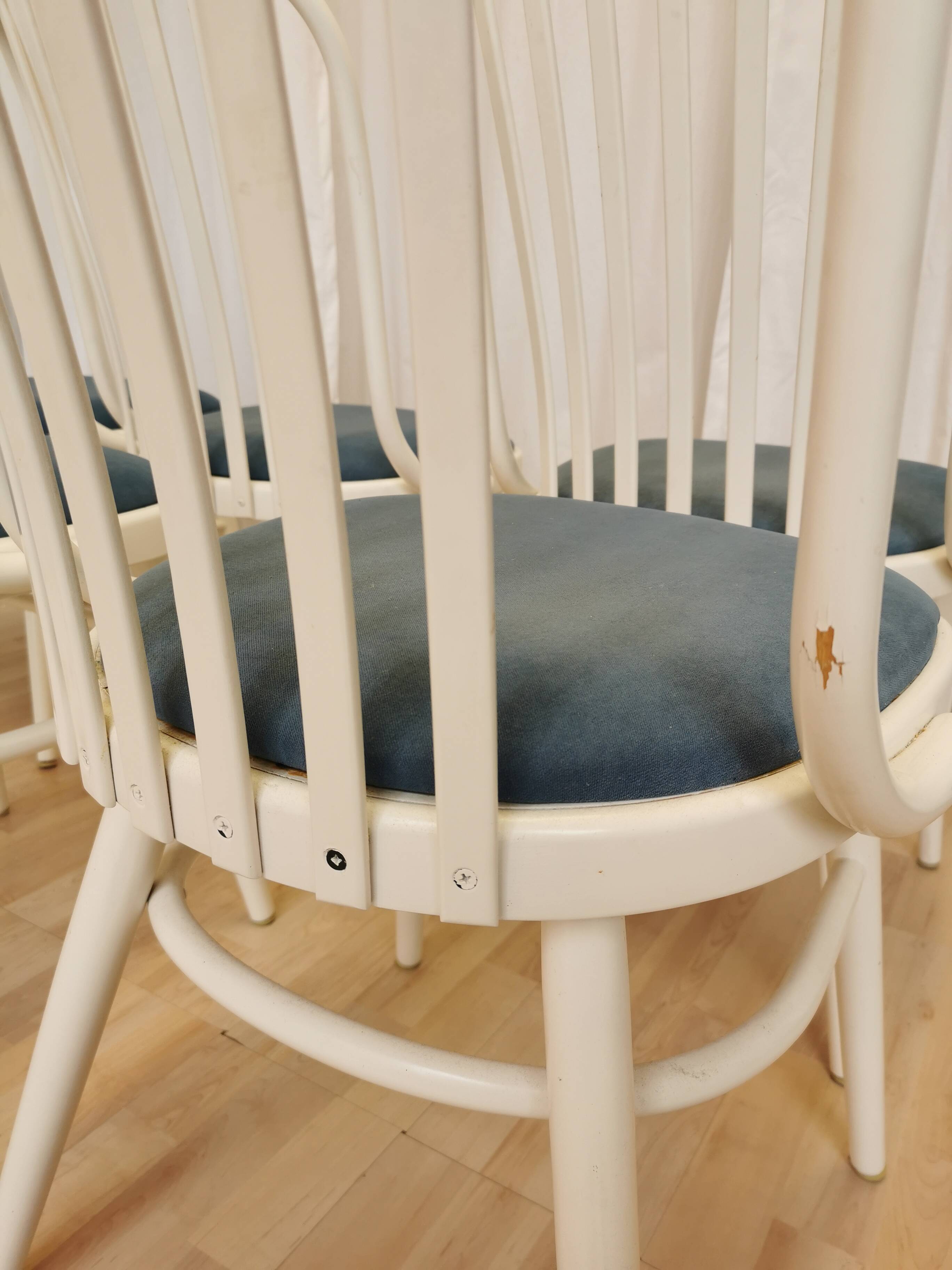 Set of 6 Vintage Bentwood Dining Chairs: White Ligna Style, Blue Fabric