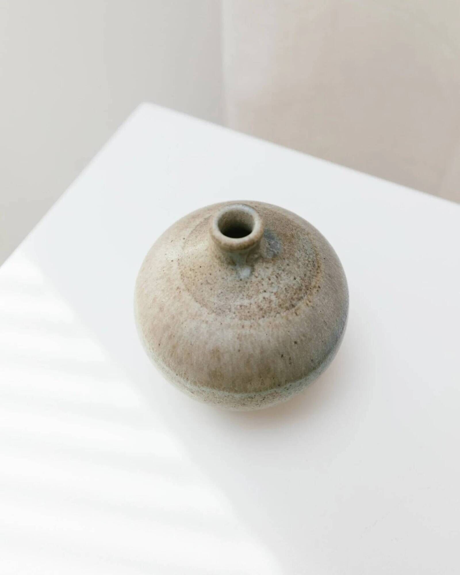 Beige Bernd Röter Studio Ceramic Vase by Clemenswerth Germany, Vintage Mid-Century with Green-Blue Glaze