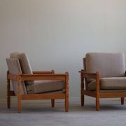 Modern Danish, Pair of Lounge Armchairs in Oak and Linen, Henning Kjærnulf, 1960s