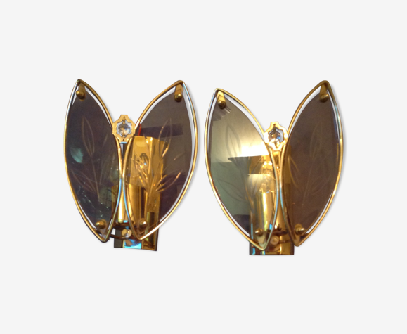 Paire d'appliques des années 80 en métal doré et verre