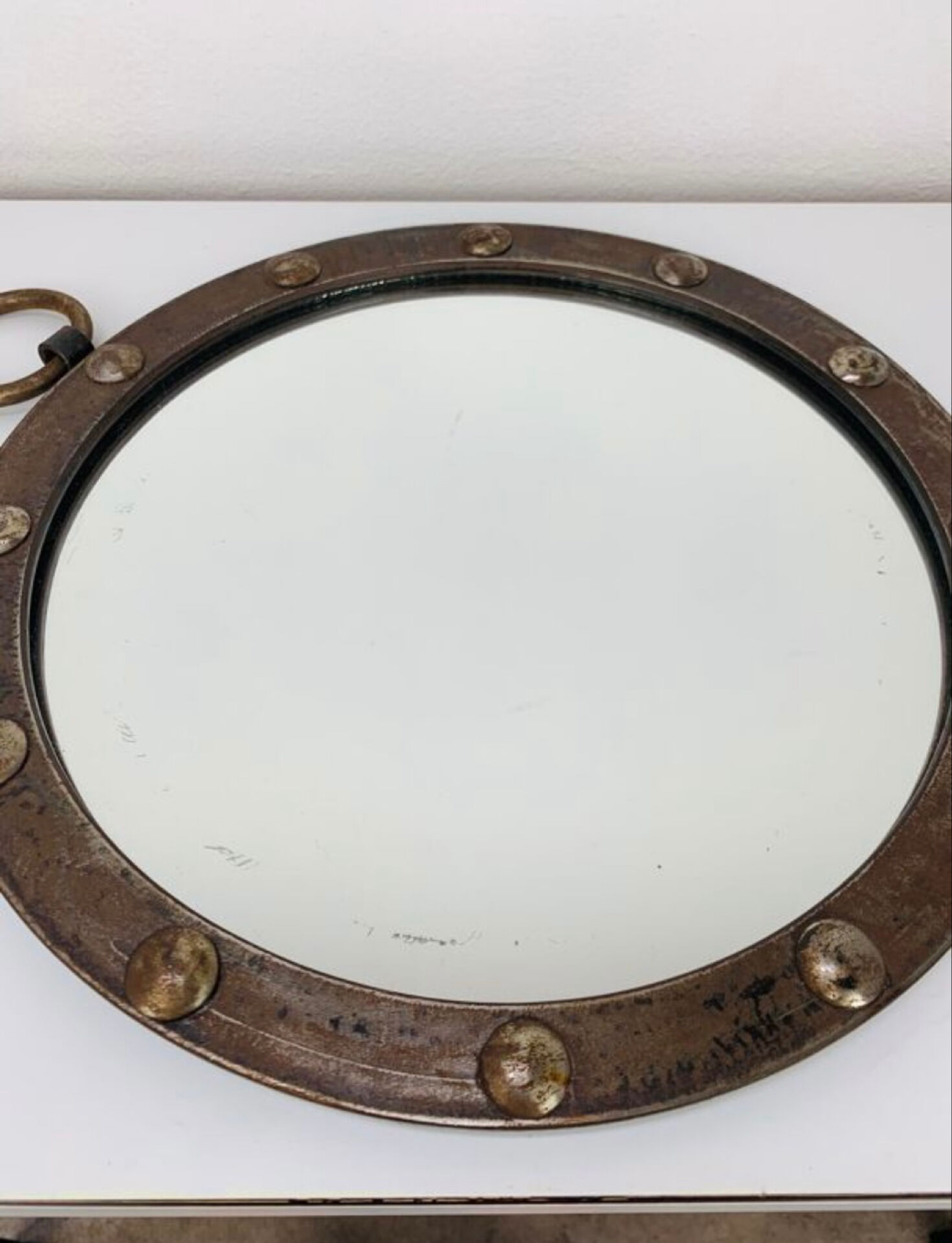 Round mirror with iron frame, vintage