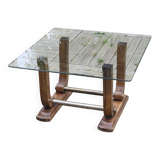 Table basse Art déco en verre, bois et laiton