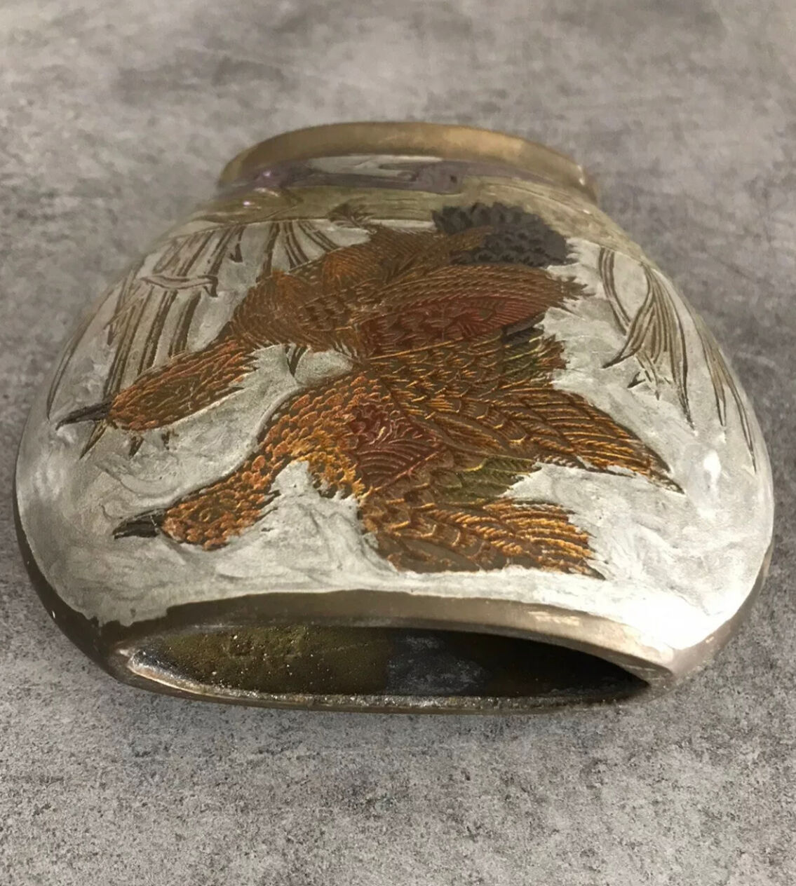 Vintage vase in enamelled brass decoration of duck flight 10.5 cm