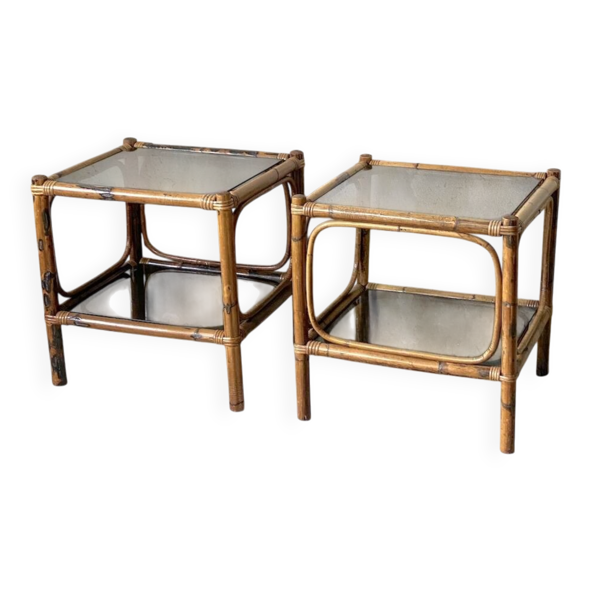 Pair of bedside tables or side tables in vintage 1980s rattan.
