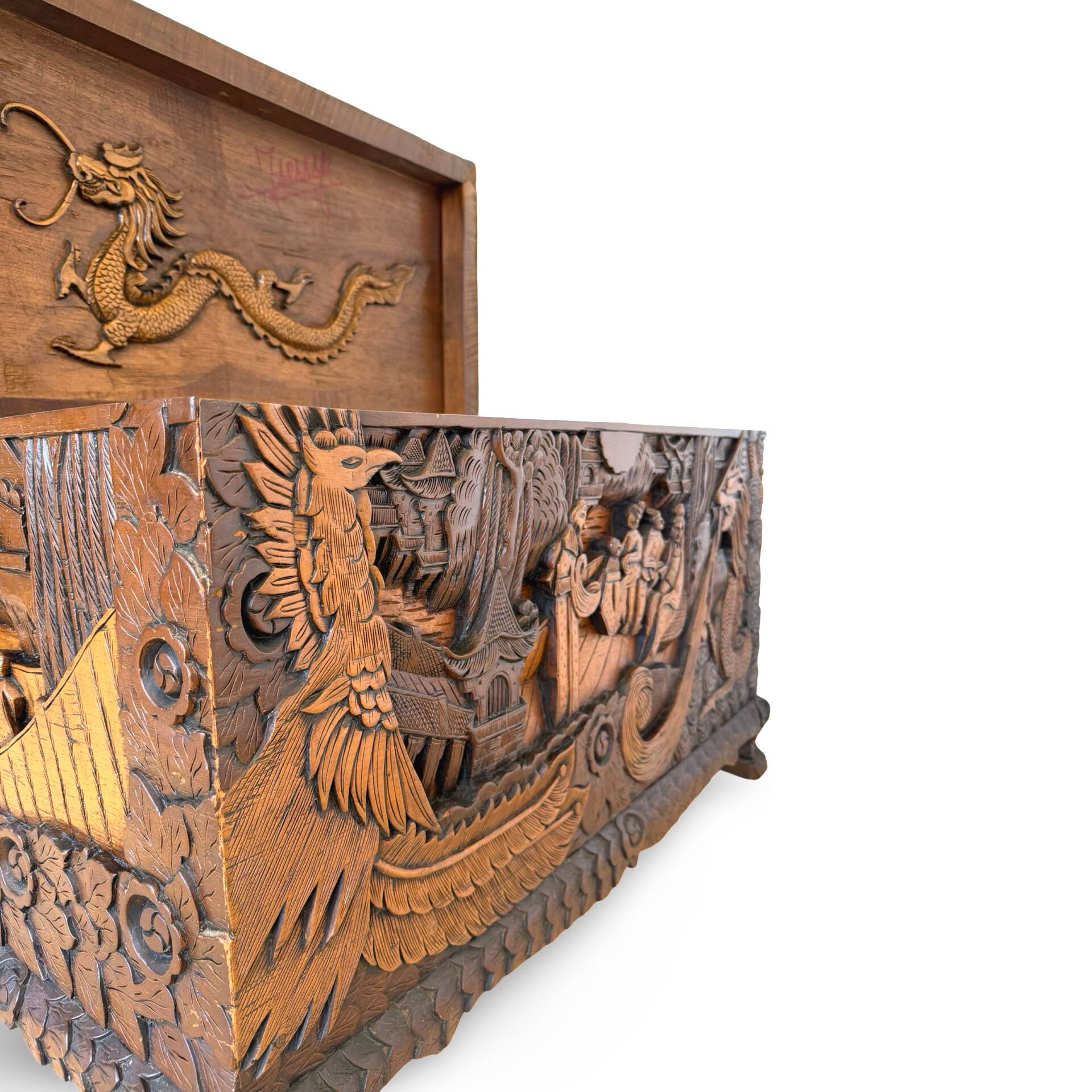 Antique Chinese Carved Export Chest – Dragon, Phoenix & Landscape Deco