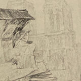 Etching, drawing, engraving, the bookseller, Henri le Riche, notre dame