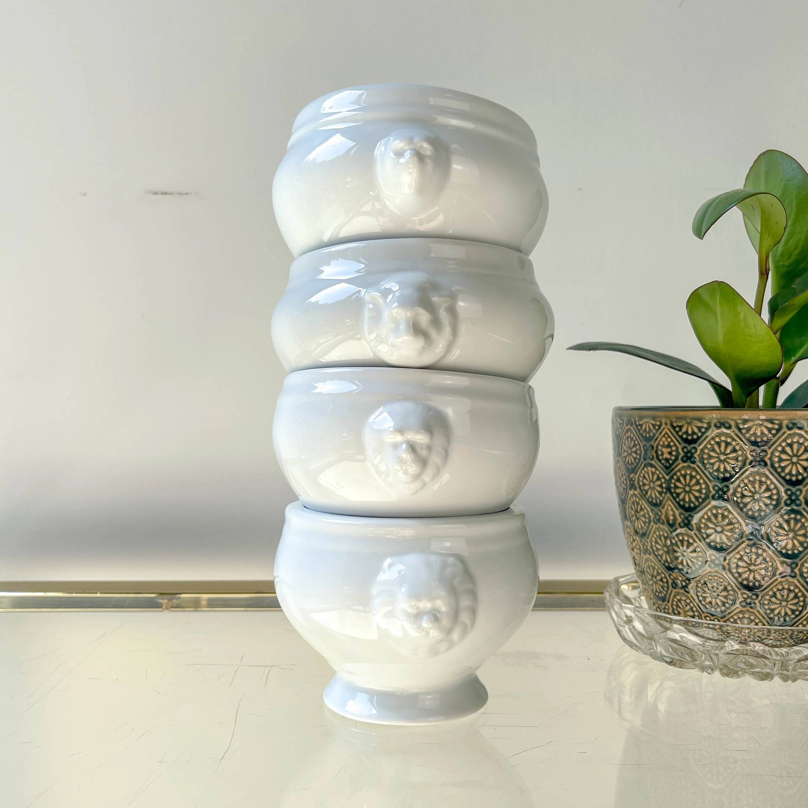 6 mismatched vintage porcelain lion head onion soup bowls - white, made in France