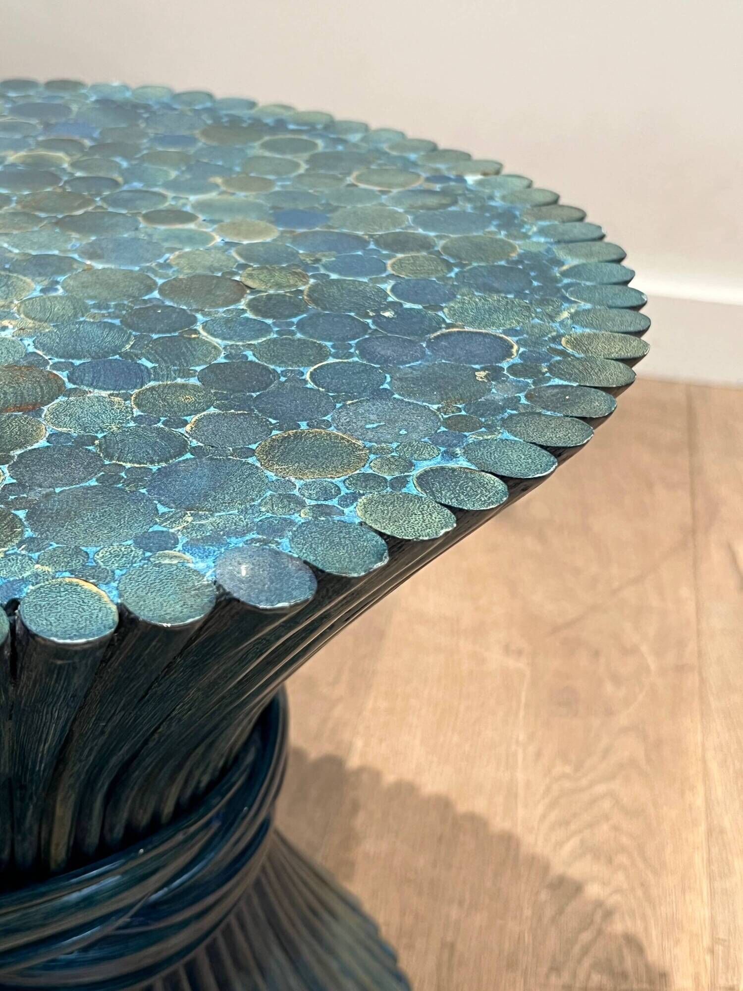 Pair of Bamboo Side Tables in the Shape of a Wheat Sheaf. Turquoise Lacquered.